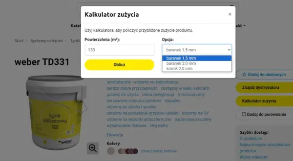 Kalkulator zużycia tynku mozaikowego weber TD331. Wpisz powierzchnię (m²) i wybierz opcję "baranek 1,5 mm", aby poznać wydajność 25 kg.