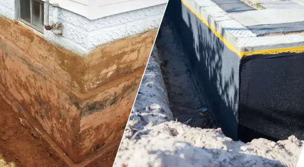 Przed i po: stara, wilgotna ściana fundamentowa obok nowej, zabezpieczonej masą KMB.