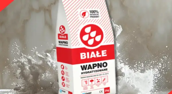 Białe wapno hydratyzowane w worku, otoczone chmurą pyłu. Idealne do budowy i tynkowania.
