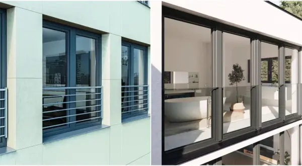 Nowoczesne balkony francuskie z metalowymi barierkami i szklanymi balustradami, oferujące widok na miasto i luksusową łazienkę.