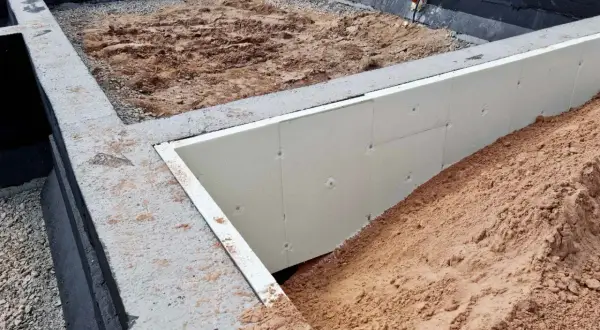 Budowa domu w toku: betonowe stopy fundamentowe, izolacja ze styropianu i nasypy ziemi.