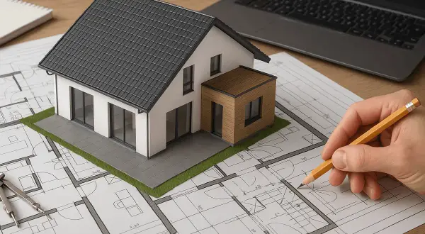 Model domu na planach architektonicznych, ręka z ołówkiem. Rozpocznij swoje projektowanie domu online za darmo.