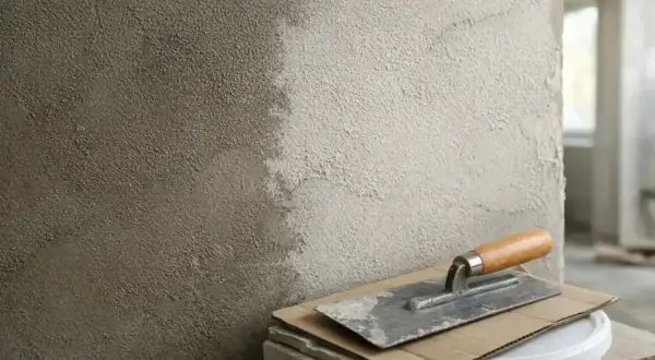 Świeżo otynkowana ściana, narzędzia budowlane i wiadro. Czekamy, aż beton wyschnie.
