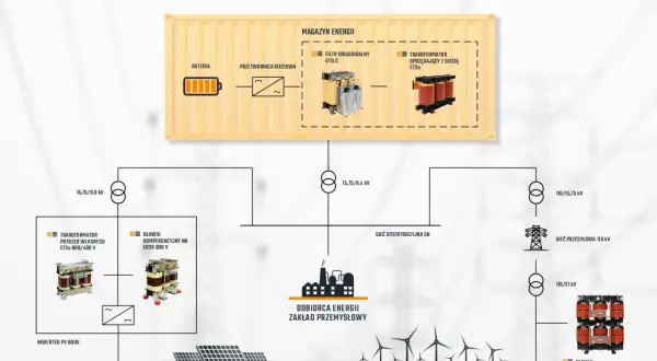 Schemat instalacji OZE: magazyn energii, fotowoltaika, elektrownia wiatrowa, odbiorca przemysłowy.