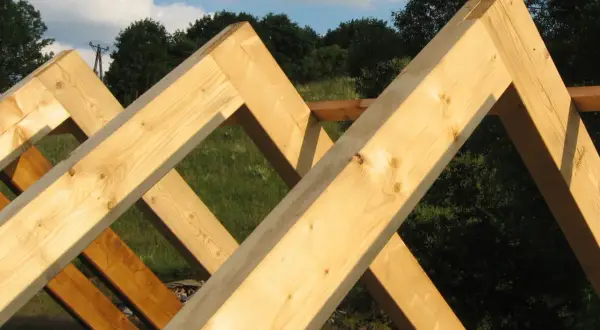 Drewniane krokwie tworzą konstrukcję dachu, ukazując staranne łączenie krokwi w szczycie.