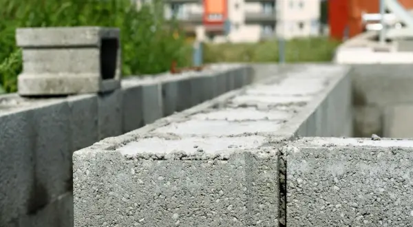 Szary betonowy bloczek zalewowy na budowie, w tle budynki i zieleń.