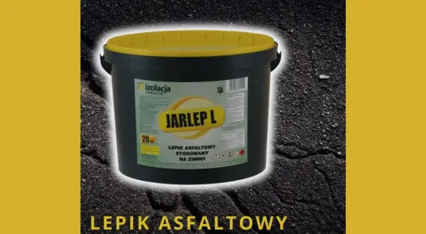 Czarny pojemnik z żółtą pokrywą, zawierający lepik asfaltowy JARLEP L.