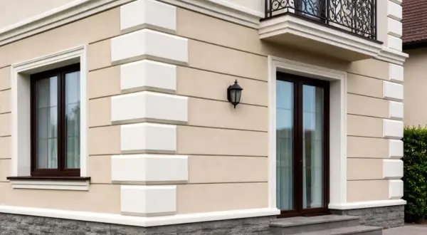 Elegancka fasada domu z kamiennym cokołem i białymi boniami. Okna i drzwi w ciemnej oprawie.