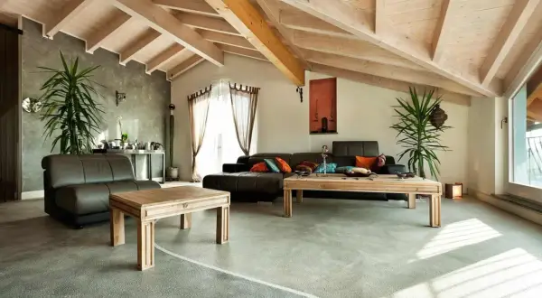 Nowoczesny salon z drewnianym sufitem i posadzką żywiczną w domu. Skórzane kanapy, drewniane stoliki i rośliny tworzą przytulną atmosferę.