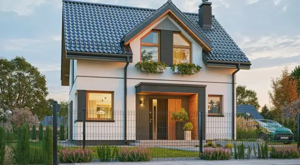 Nowoczesny dom do 70m2 z dużymi oknami i zadaszonym wejściem. Elegancka bryła, zadbany ogród i zielony samochód na podjeździe.