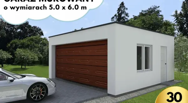 Nowoczesny garaż murowany 5x6m z brązową bramą, białymi ścianami i oknem. Obok lśniący samochód.