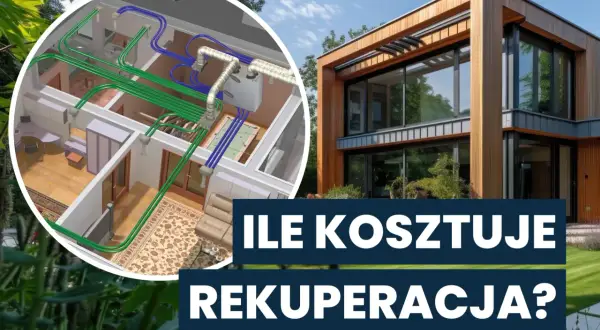 Nowoczesny dom z systemem wentylacji mechanicznej z odzyskiem ciepła. Wewnątrz widoczny schemat instalacji.