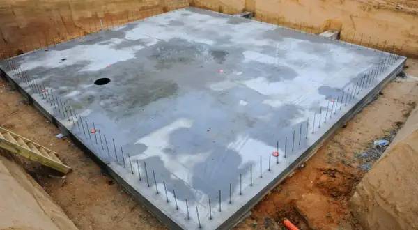 Plac budowy z betonową płytą fundamentową, otoczoną zbrojeniem. To początek budowy ciepłej płyty fundamentowej, która zapewni stabilność i izolację.