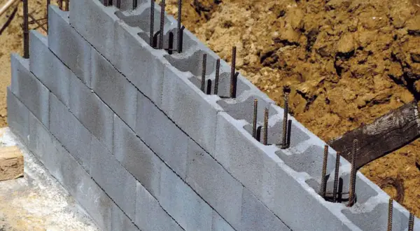 Ściana fundamentowa z pustaków betonowych z zbrojeniem, w trakcie budowy.