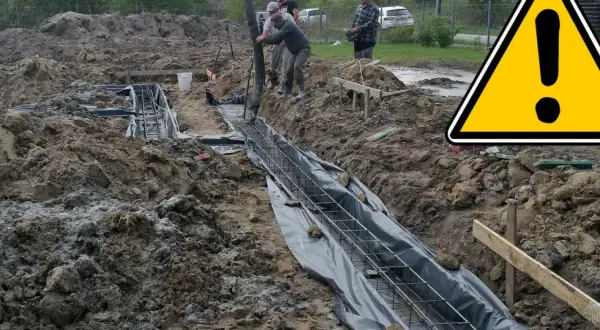 Pracownicy wylewają beton na zbrojenie, tworząc fundamenty domu. Teren budowy jest błotnisty.