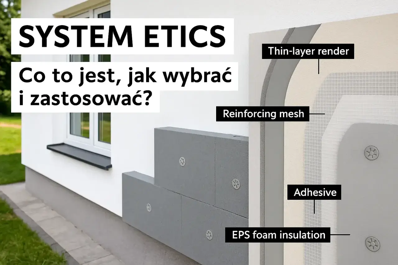 System etics: szczegółowy przekrój izolacji ścian z EPS, siatki zbrojącej i tynku.