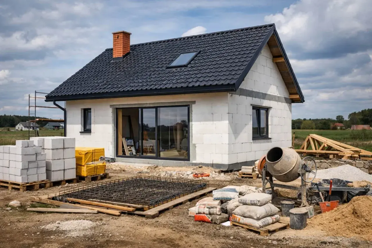 Budowa domu 80m2. Betonowa płyta zbrojeniowa, bloczki, cement i betoniarka czekają na dalsze prace.