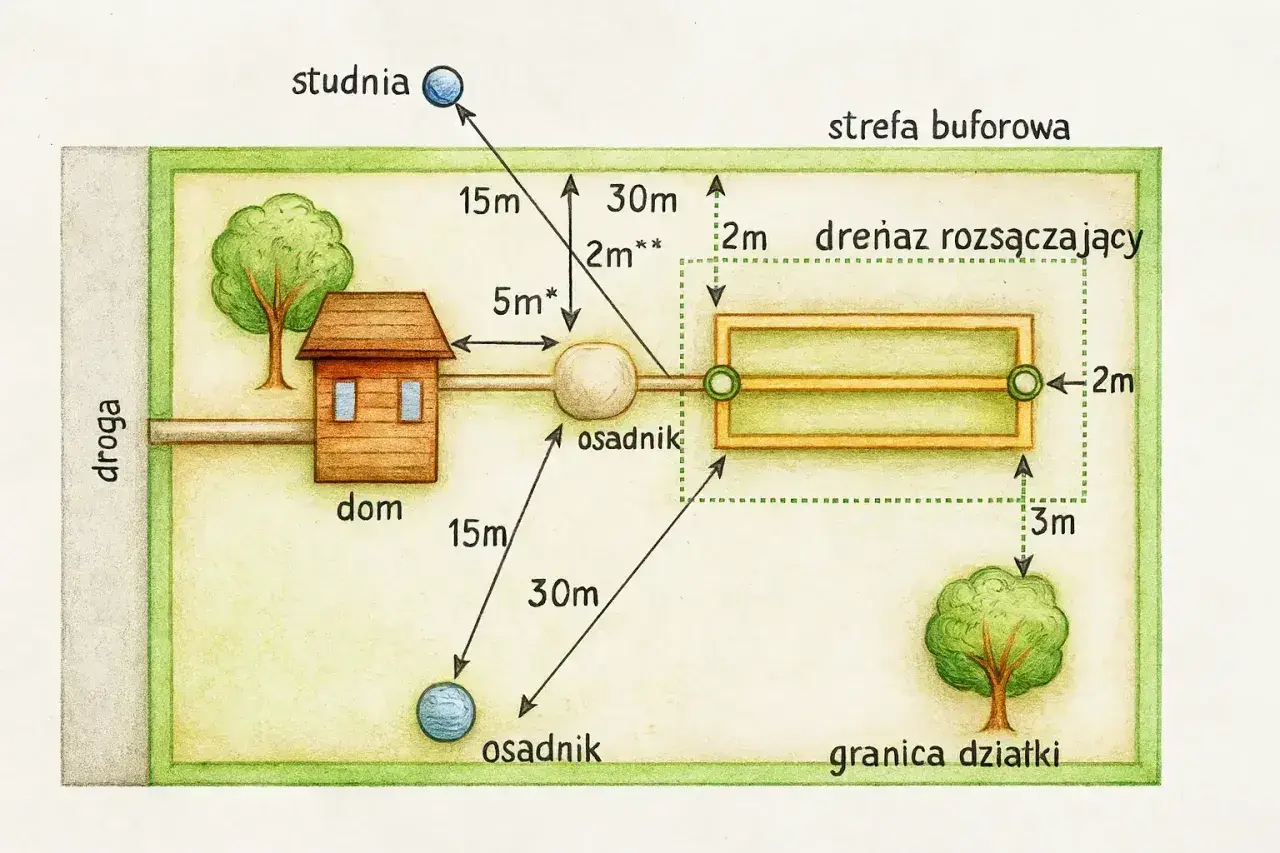 Schemat działki z domem, studnią i osadnikami. Widać drenaż rozsączający, który jest częścią systemu odprowadzania ścieków.