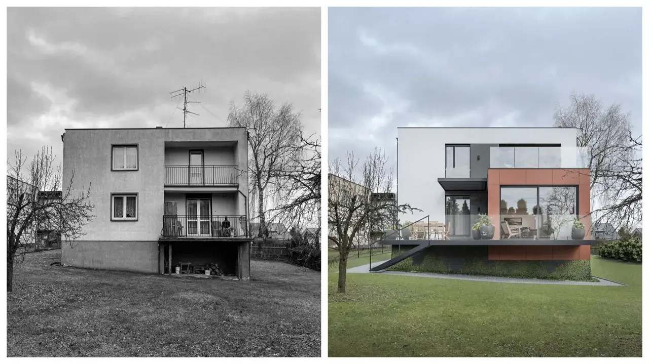 Porównanie elewacji domów z lat 70-tych: zniszczony budynek obok nowoczesnej, odnowionej wersji.