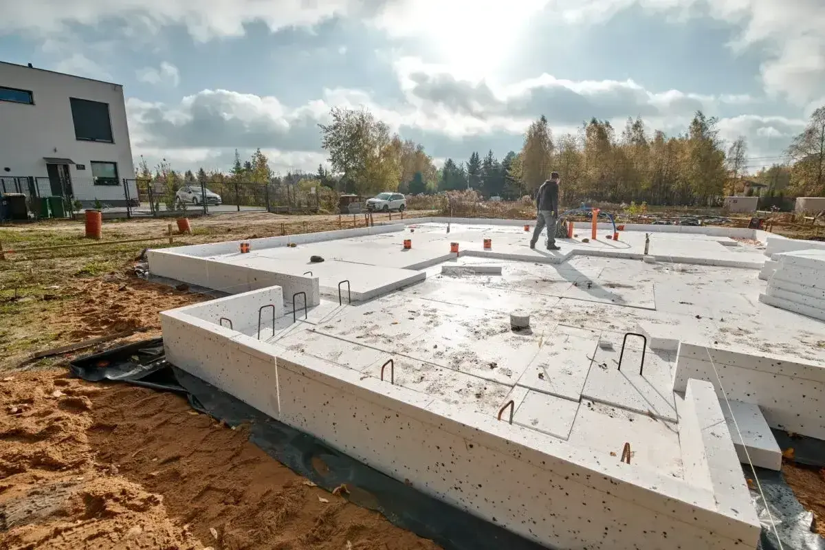 Płyta fundamentowa pod garaż w trakcie budowy. Widać zbrojenie i izolację.