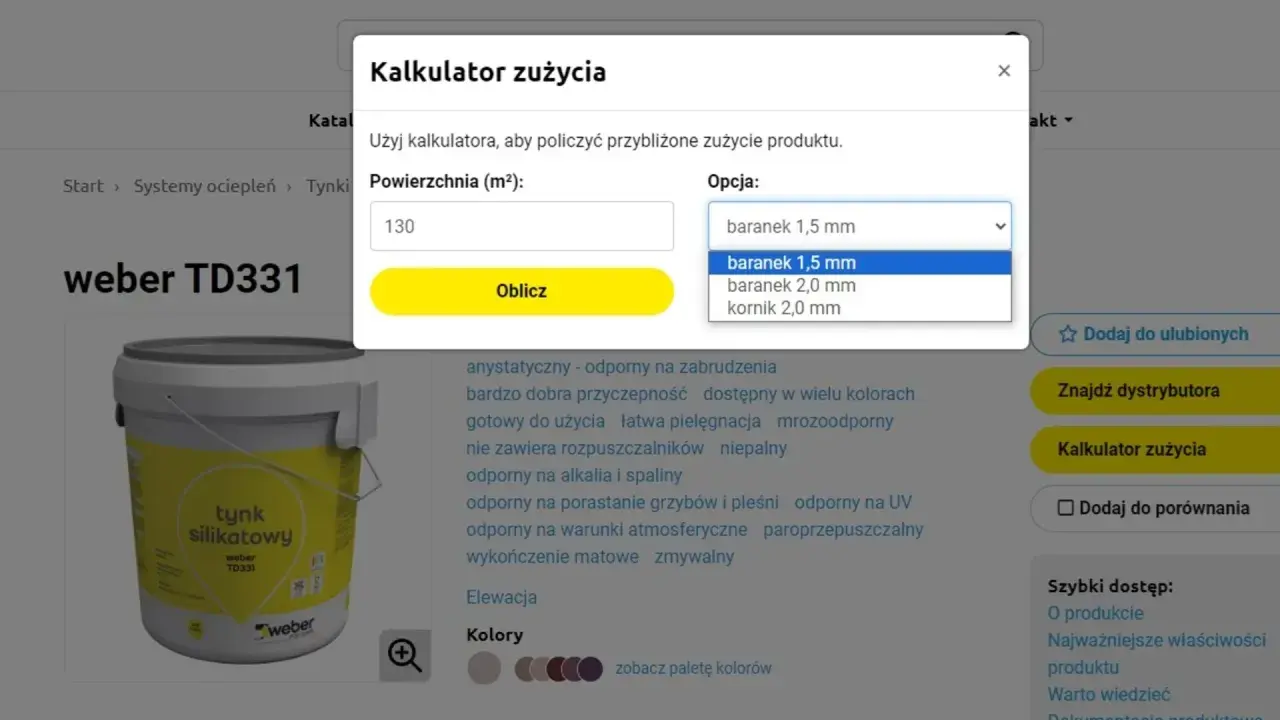 Kalkulator zużycia tynku mozaikowego weber TD331. Wpisz powierzchnię (m²) i wybierz opcję "baranek 1,5 mm", aby poznać wydajność 25 kg.