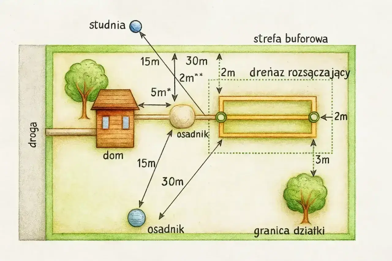 Schemat pokazuje, jak działa drenaż rozsączający. Woda z osadnika trafia do drenażu, który odprowadza ją do gruntu. Ważne są odległości od studni i granicy działki.