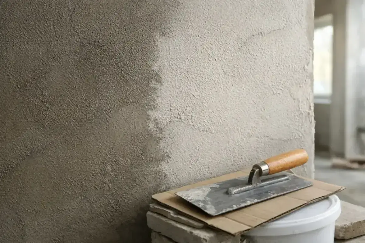 Świeżo otynkowana ściana, narzędzia budowlane i wiadro. Czekamy, aż beton wyschnie.