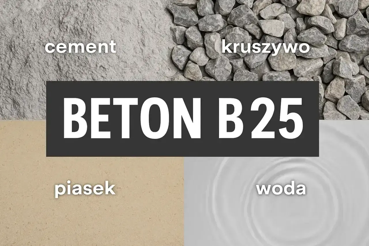 Składniki betonu B25: cement, kruszywo, piasek, woda. Kluczowe proporcje dla wytrzymałości.