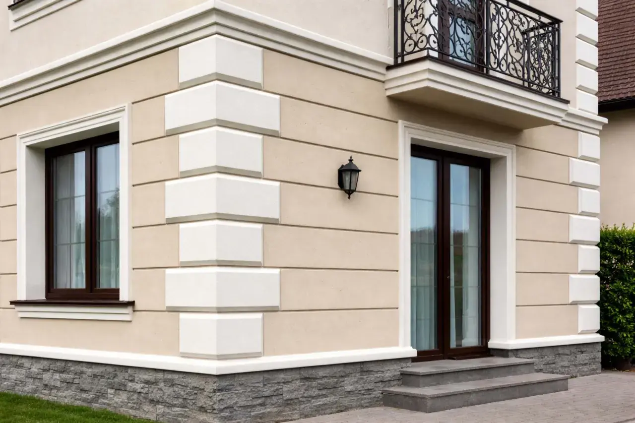 Elegancka fasada domu z kamiennym cokołem i białymi boniami. Okna i drzwi w ciemnej oprawie.