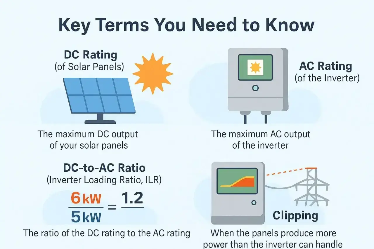 Falownik co to jest? Wykres wyjaśnia kluczowe terminy: DC Rating paneli, AC Rating falownika, stosunek DC/AC i clipping.