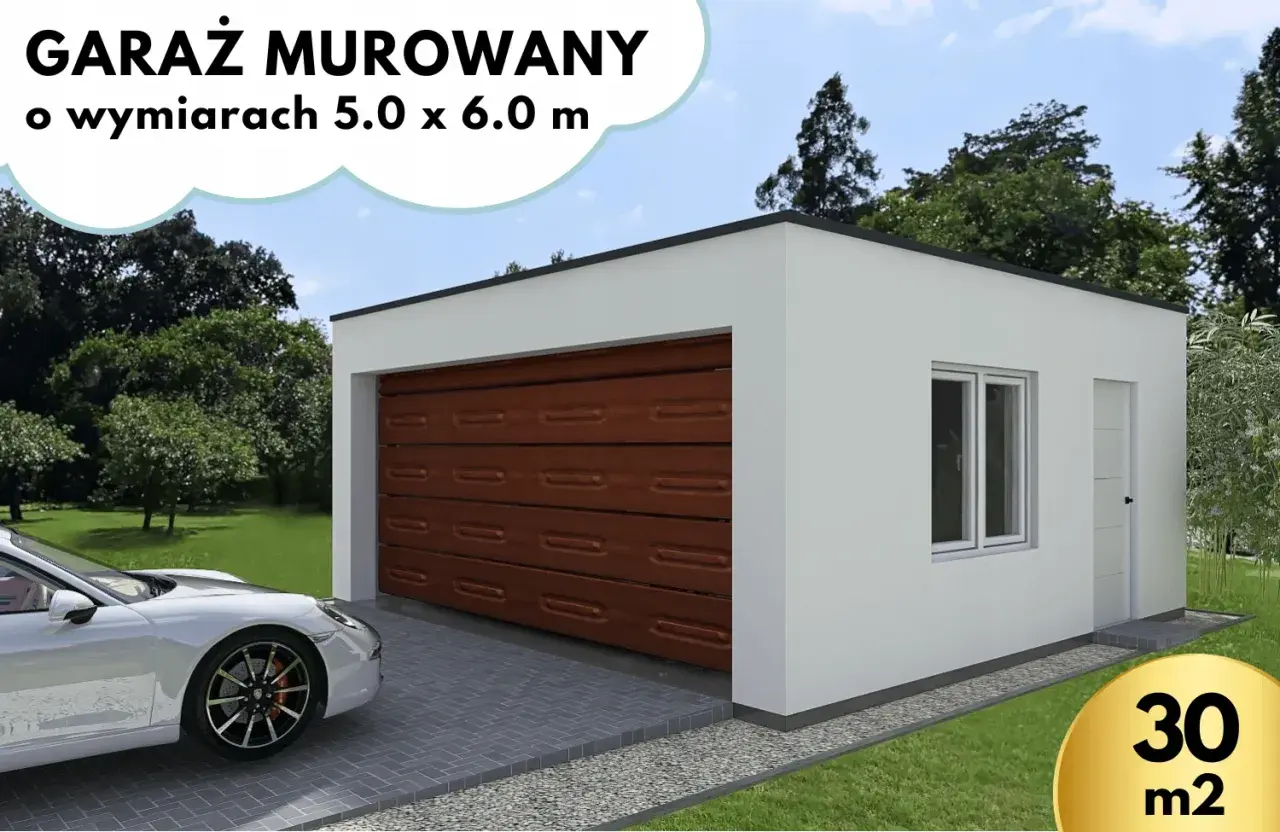 Nowoczesny garaż murowany 5x6m z brązową bramą, białymi ścianami i oknem. Obok lśniący samochód.