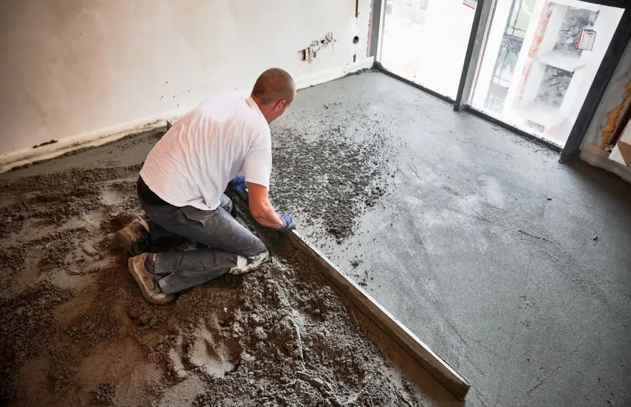 Budowlaniec wyrównuje świeżą wylewkę anhydrytową na podłodze, używając łaty.