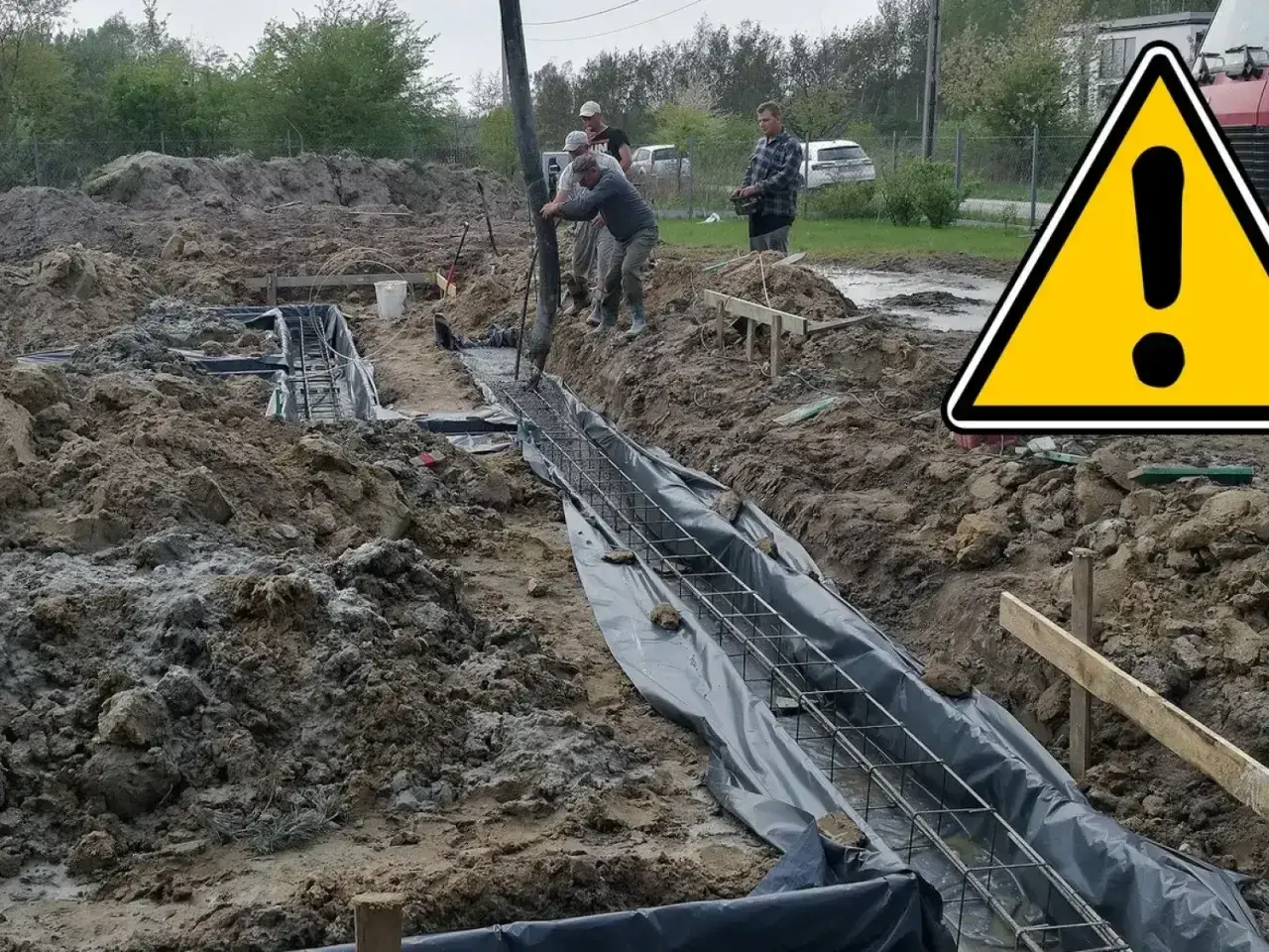 Budowa trwa! Wylewanie betonu na ławy fundamentowe. Pracownicy dbają o solidne podstawy.