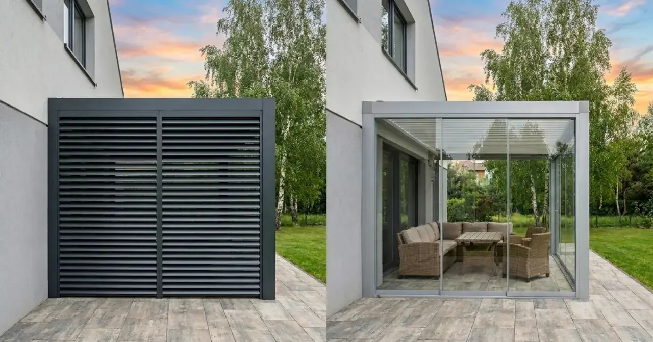 Nowoczesna pergola z przeszklonymi ścianami i meblami wypoczynkowymi, obok zamknięta żaluzjami. Elegancka posadzka z płytek imitujących drewno.