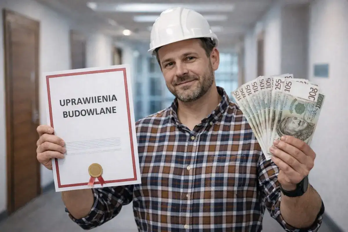 Uśmiechnięty inżynier budownictwa w kasku trzyma dokument "Uprawnienia budowlane" i wachlarz banknotów.