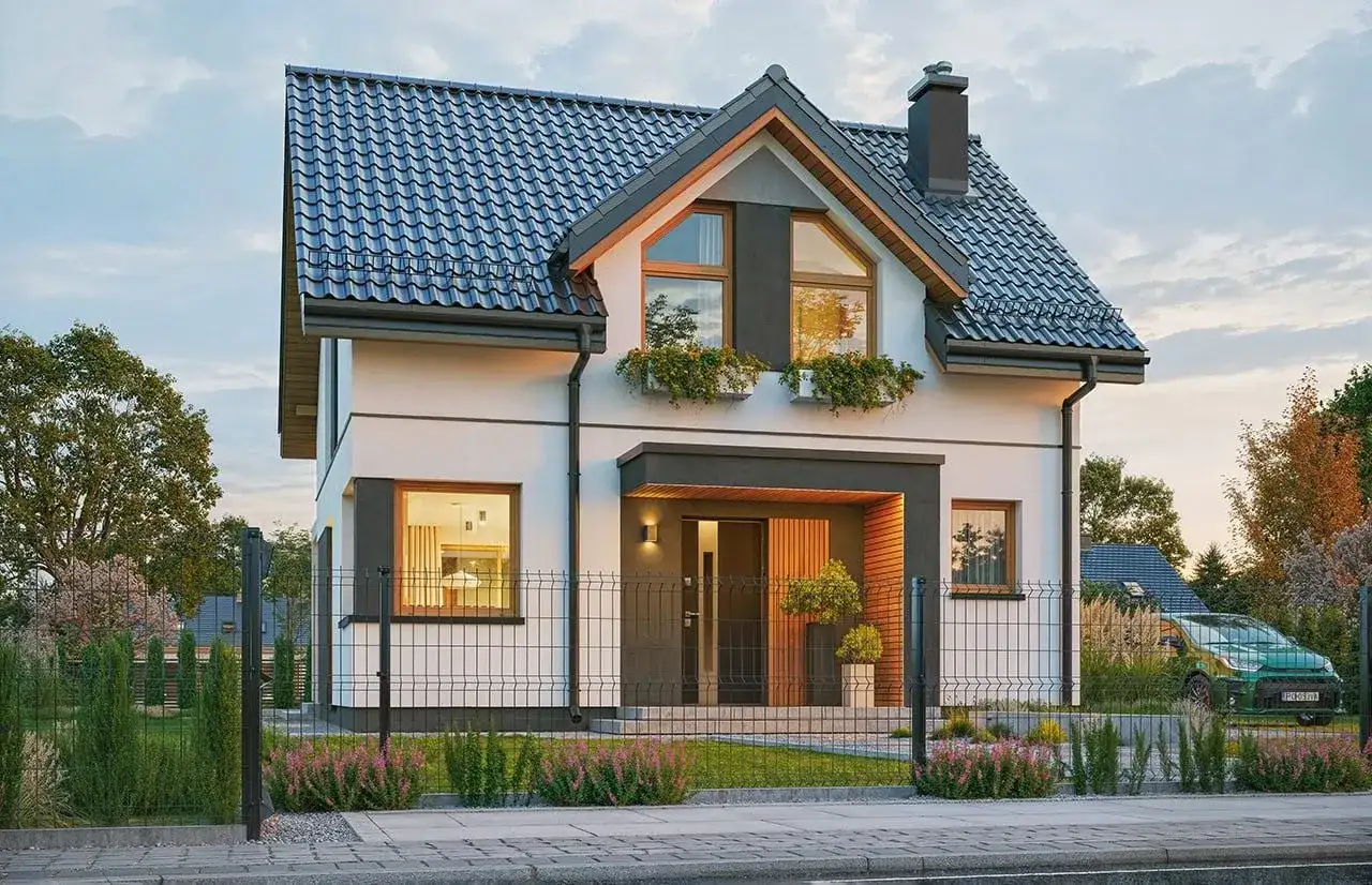 Nowoczesny dom do 70m2 z dużymi oknami i zadaszonym wejściem. Elegancka bryła, zadbany ogród i zielony samochód na podjeździe.