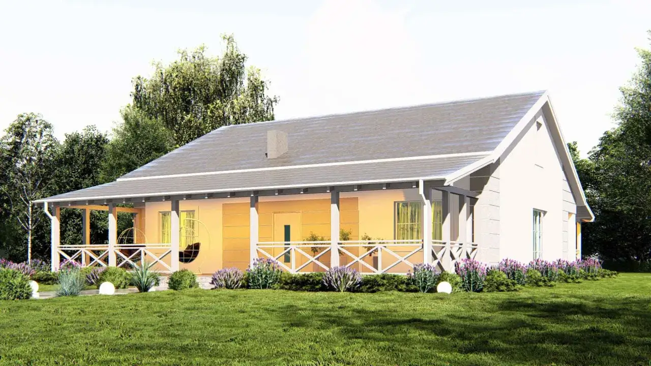 Bungalow z werandą i huśtawką, otoczony zielenią. Idealne miejsce na relaks.