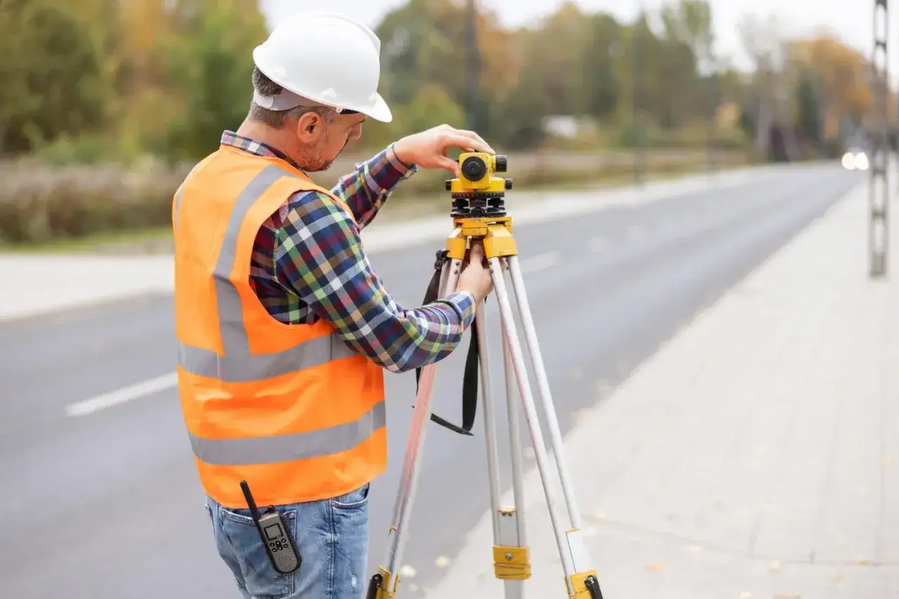 Technik geodeta w kamizelce odblaskowej i kasku ustawia niwelator na statywie, pracując przy drodze.