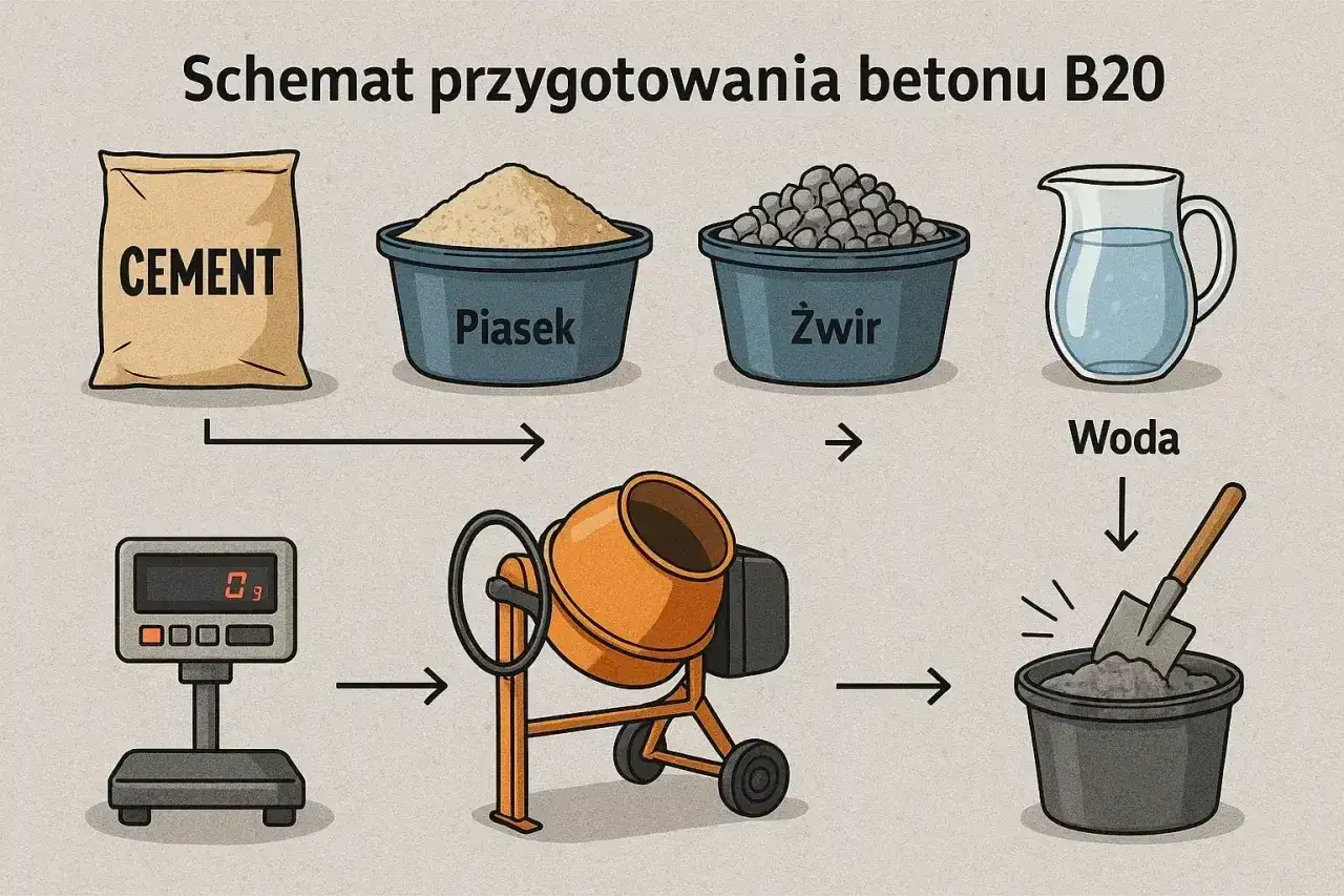 Schemat przygotowania betonu B20: cement, piasek, żwir i woda. Kluczowe są odpowiednie proporcje betonu, ważone na wadze, a następnie mieszane w betoniarce.