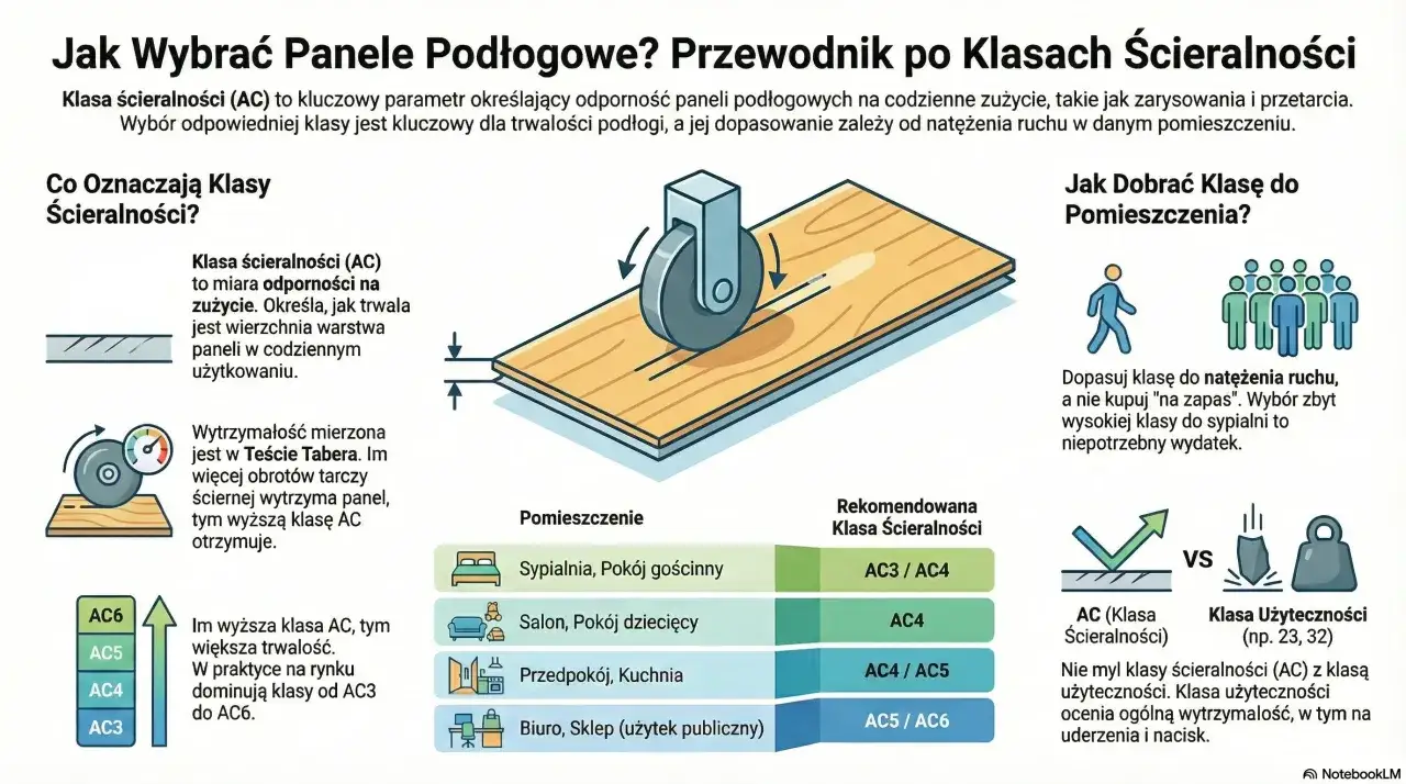Ilustracja wyjaśnia, jak wybrać panele podłogowe, skupiając się na klasie ścieralności (AC). Pokazuje test ścierania i rekomendacje klas AC do różnych pomieszczeń.