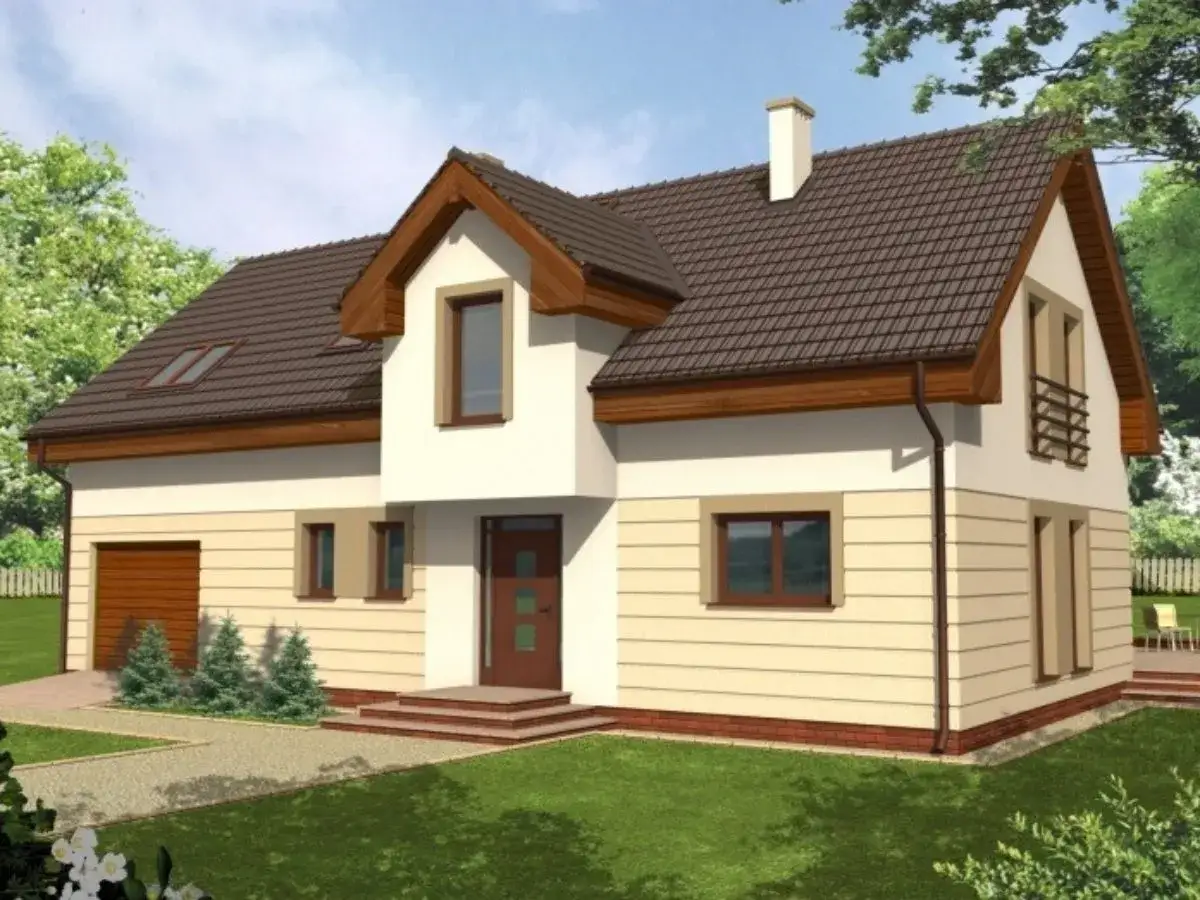 Nowy dom z garażem, jasną elewacją i brązowym dachem. Idealne miejsce na rodzinne bonie.