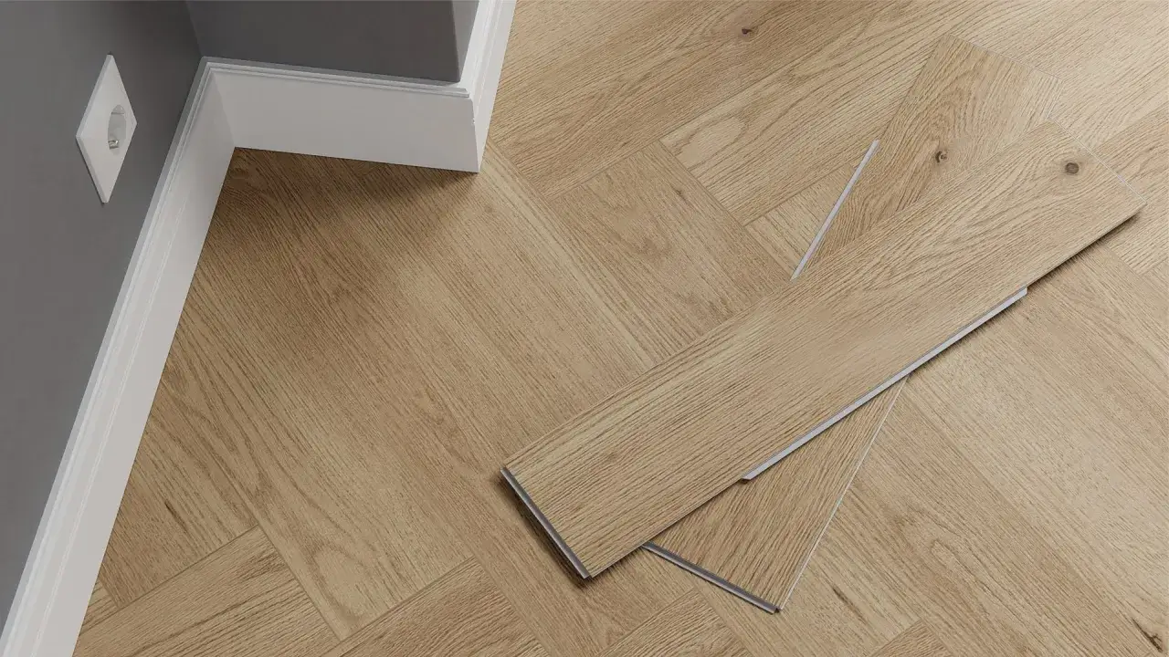 Drewnopodobne panele laminowane czy winylowe w jodełkę, gotowe do ułożenia. Jasne, naturalne drewno.