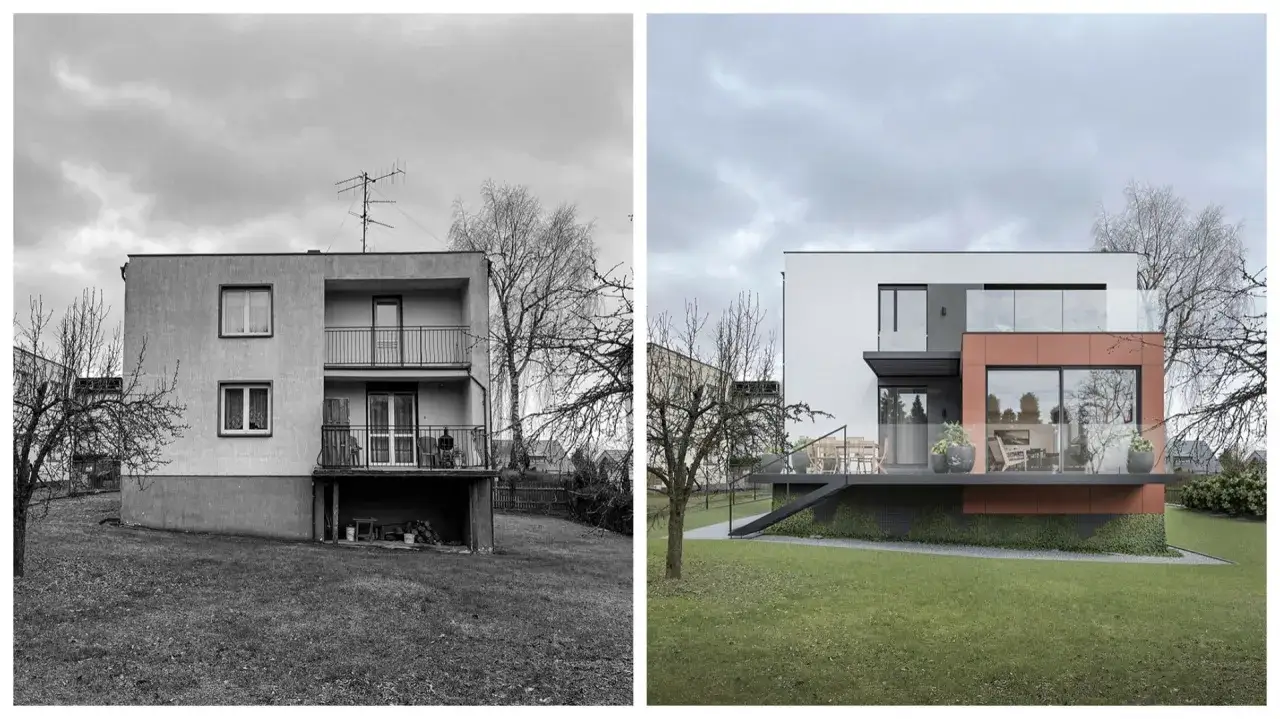 Porównanie elewacji domów z lat 70-tych: z szarego, surowego bloku do nowoczesnej, kolorowej bryły z tarasem i dużymi oknami.