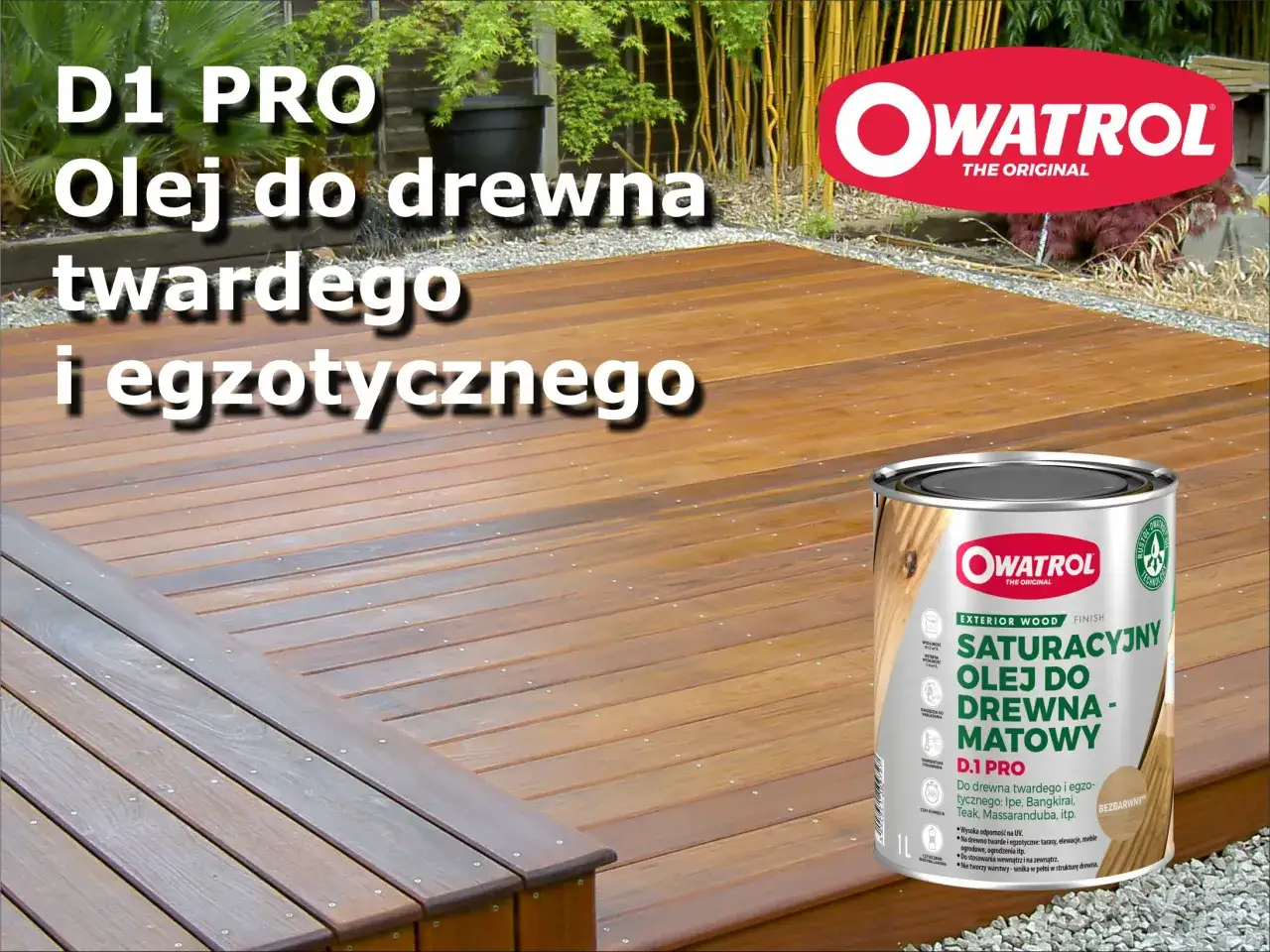 Olej do impregnacji drewna na zewnątrz D1 PRO od Owatrol chroni drewno twarde i egzotyczne, nadając mu matowe wykończenie.