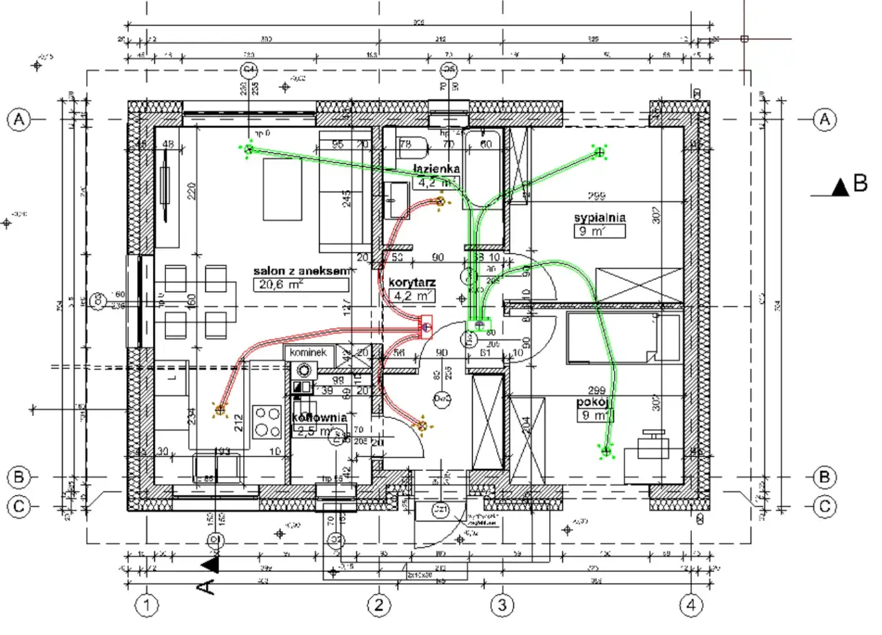 Plan mieszkania z zaznaczoną wentylacją mechaniczną z odzyskiem ciepła. Zielone linie pokazują nawiew, czerwone wywiew.