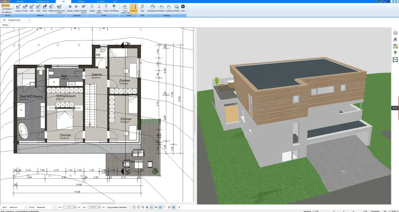 Projektowanie domu online za darmo: plan piętra i wizualizacja 3D nowoczesnego budynku z drewnianą elewacją.