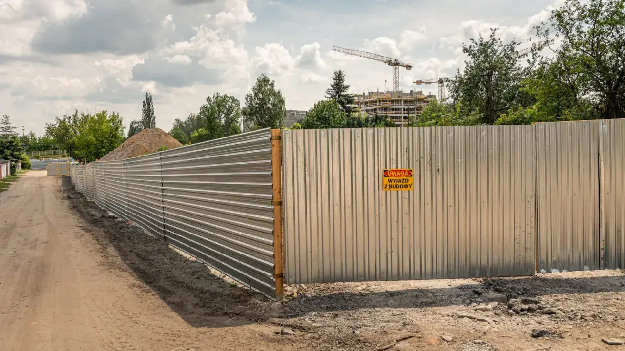 Metalowe ogrodzenie budowy, spełniające wymagania bezpieczeństwa, z tabliczką