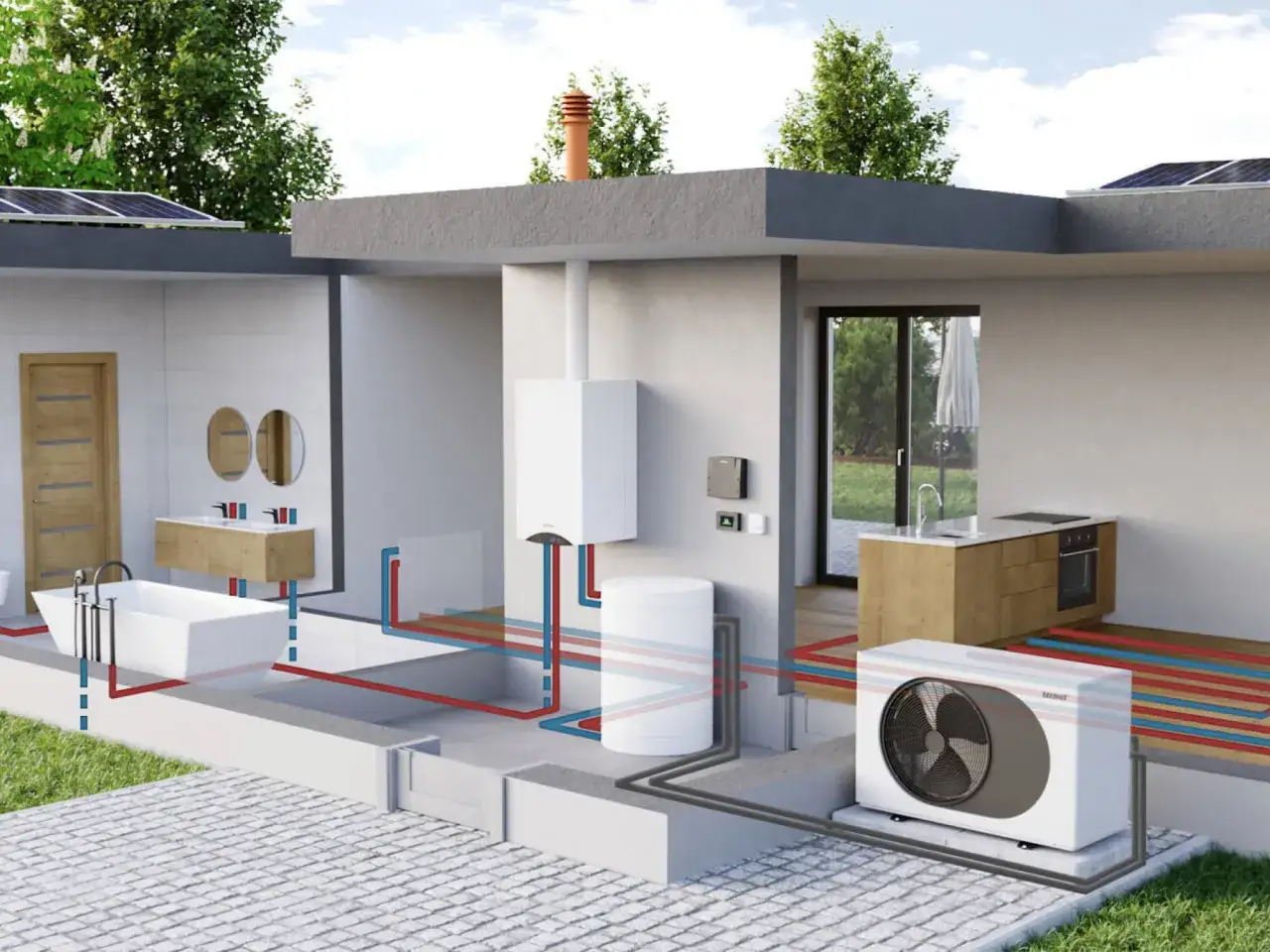 Nowoczesny system ogrzewania domu 200m2: pompa ciepła, zasobnik i kocioł gazowy. Sprawdź jaki piec gazowy do domu 200m2 cena.
