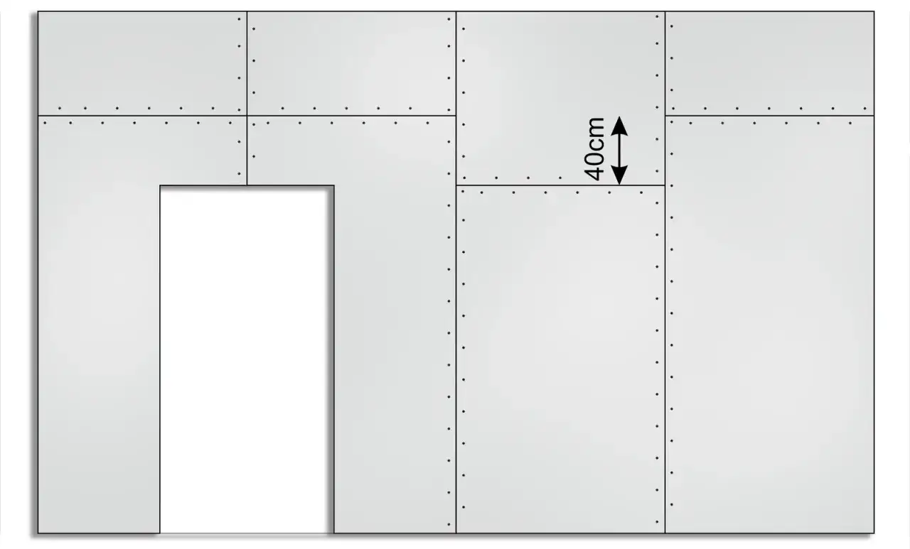 Schemat przedstawia fragment ściany z płyt gipsowo-kartonowych, z zaznaczonymi wymiarami płyty gk 40cm.