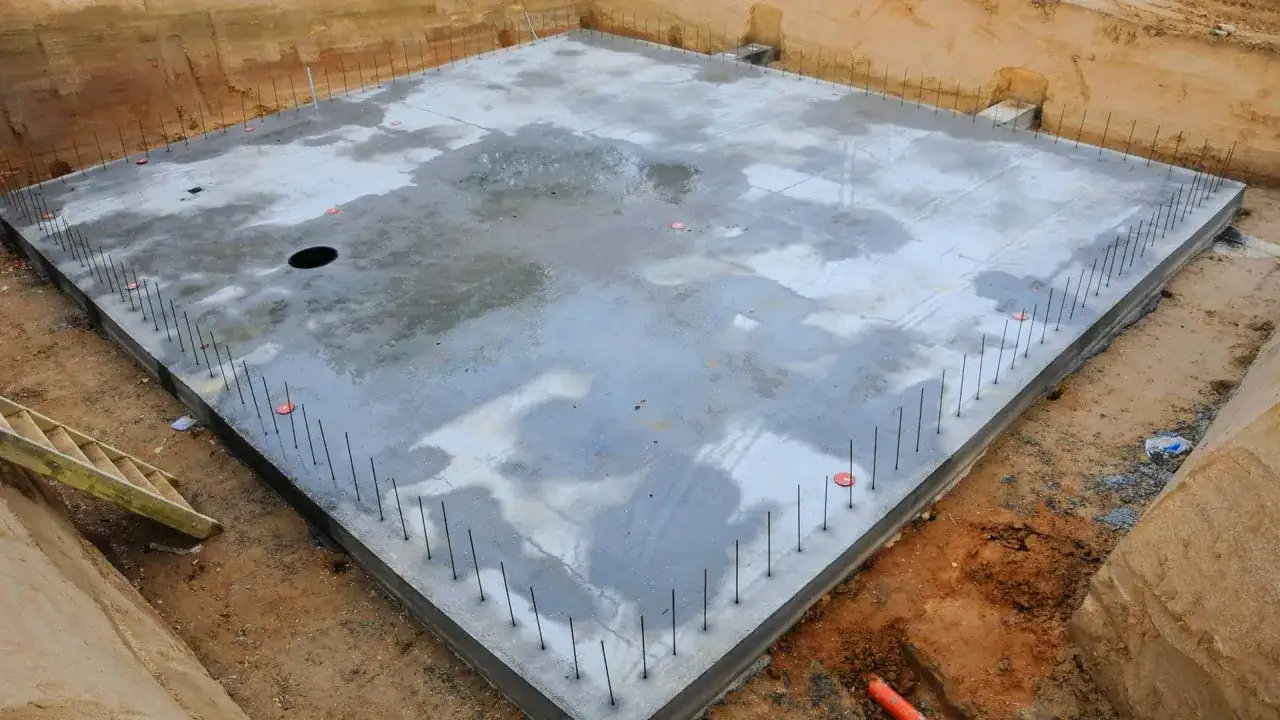 Plac budowy z betonową płytą fundamentową, zbrojeniem i wykopem. To początek budowy, kluczowy etap koszt fundamentów.